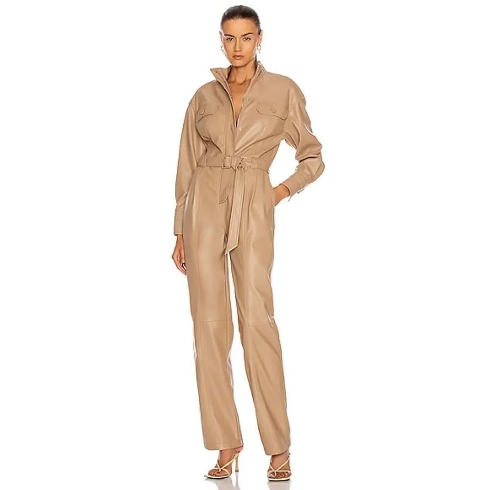 Jonathan Simkhai Katerina Vegan Leather Belted Jumpsuit in camel size US4